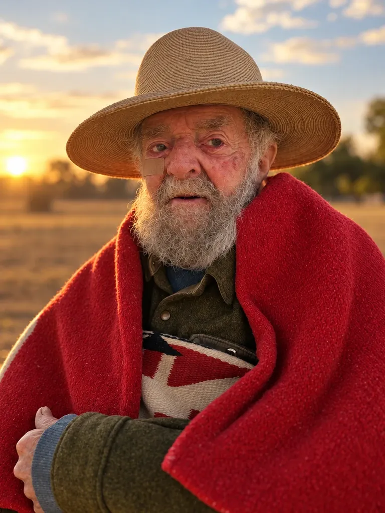 Uncle Jack, in a straw hat and a red blanket, looks into the camera in a field at sunset.