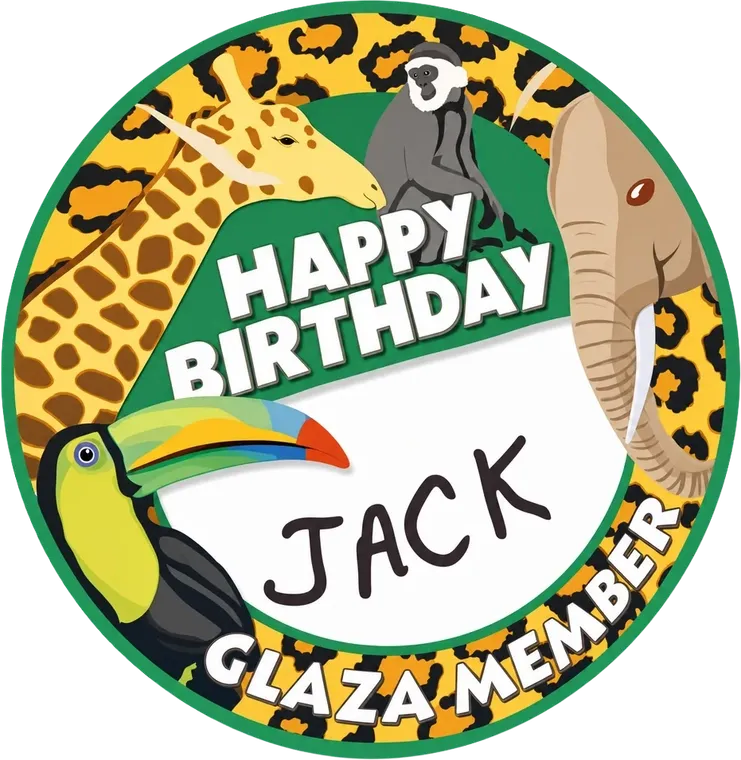 A round zoo-themed sticker: “Happy Birthday”, with “Jack” written in.